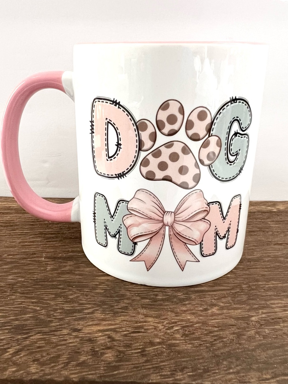 Dog Mom 11 oz Pink Ceramic Mug Paw Print Bow Coffee Cup